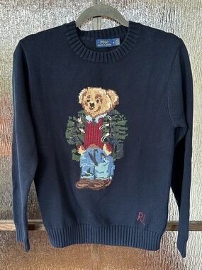 Polo by Ralph Lauren Navy Crewneck Sweater with Bear Motif size Medium